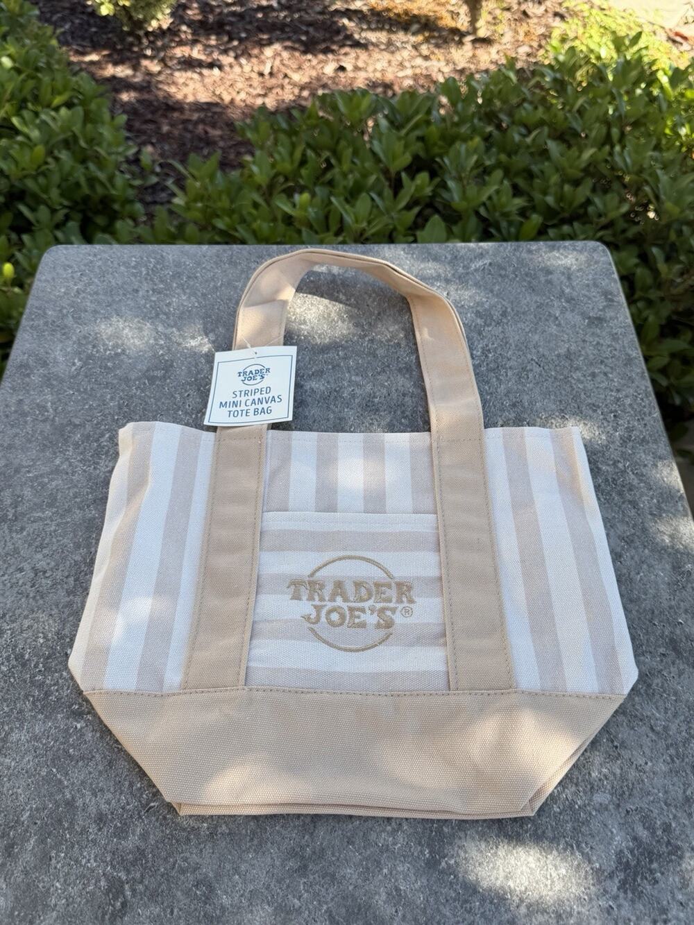 Trader Joe’s Limited Edition 2026 Drop Mini Stripe Canvas Tote Bag Khaki Stripes